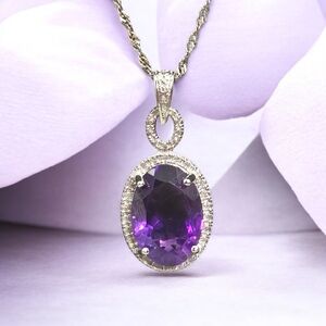 Amethyst CZ Halo Sterling Silver Pendant Necklace